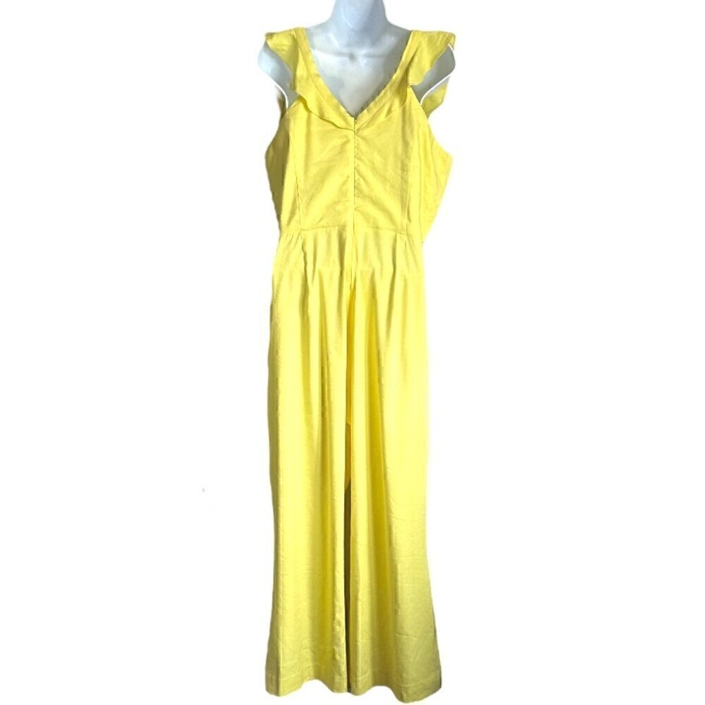 EUC Gianni Bini Square Neck Ruffled Linen Blend Crop Jumper in Yellow - Size 10 - Picture 4 of 11